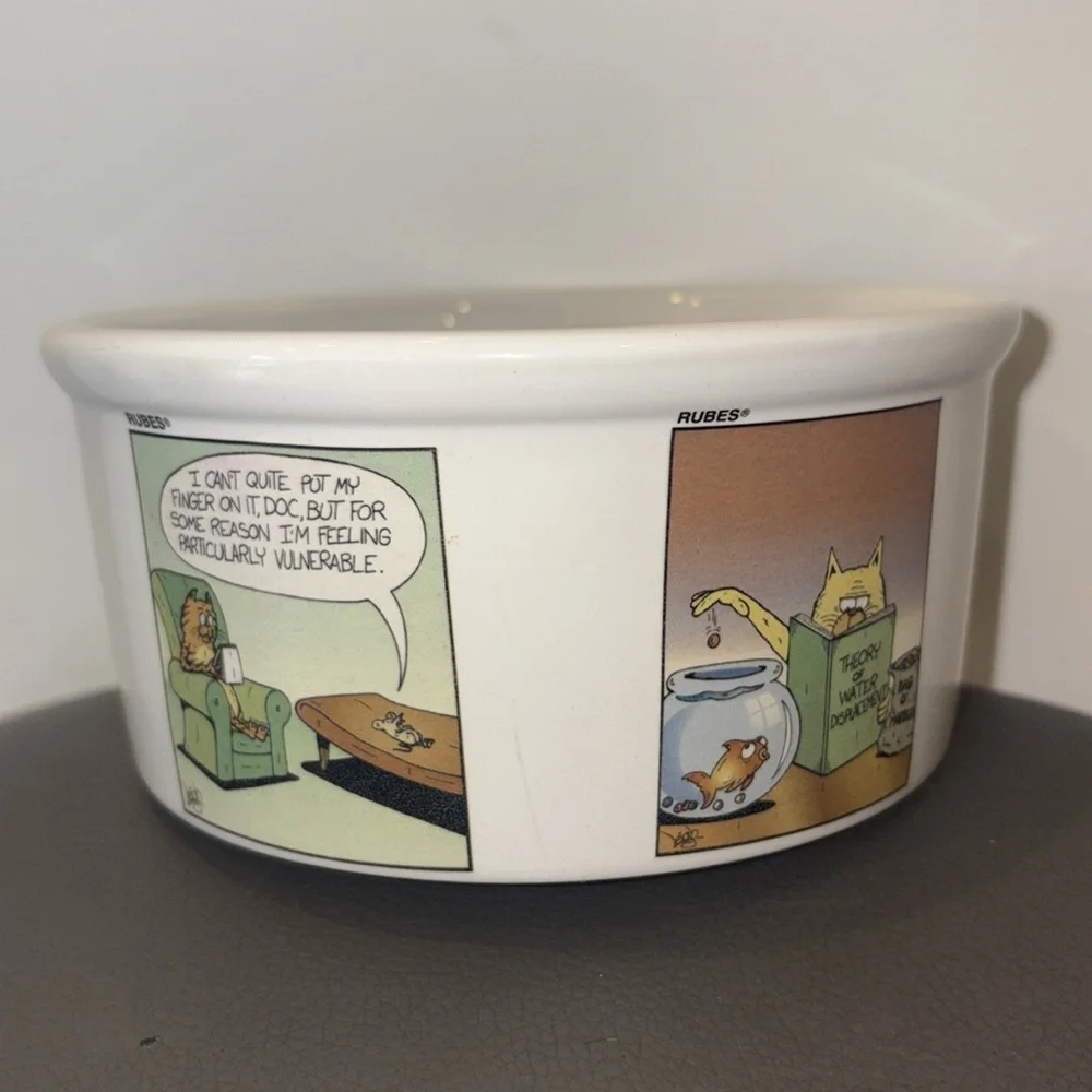 Rubes Leigh Rubin Cat Bowl with Mischievous Cat Cartoon Scenes 2002, 2.75” Deep